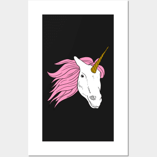 Unicorn Head with Pink Hair and golden horn Posters and Art